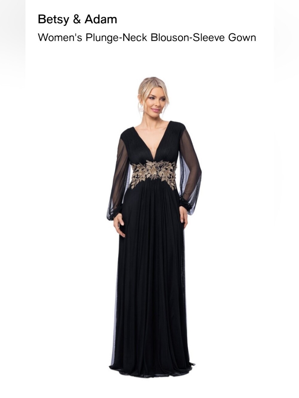 Betsy & Adam Black Plunge-Neck Gown with Gold Floral Waist